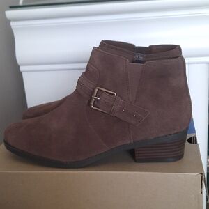 Clarks Brown Suede Ankle Booties with Buckle Strap